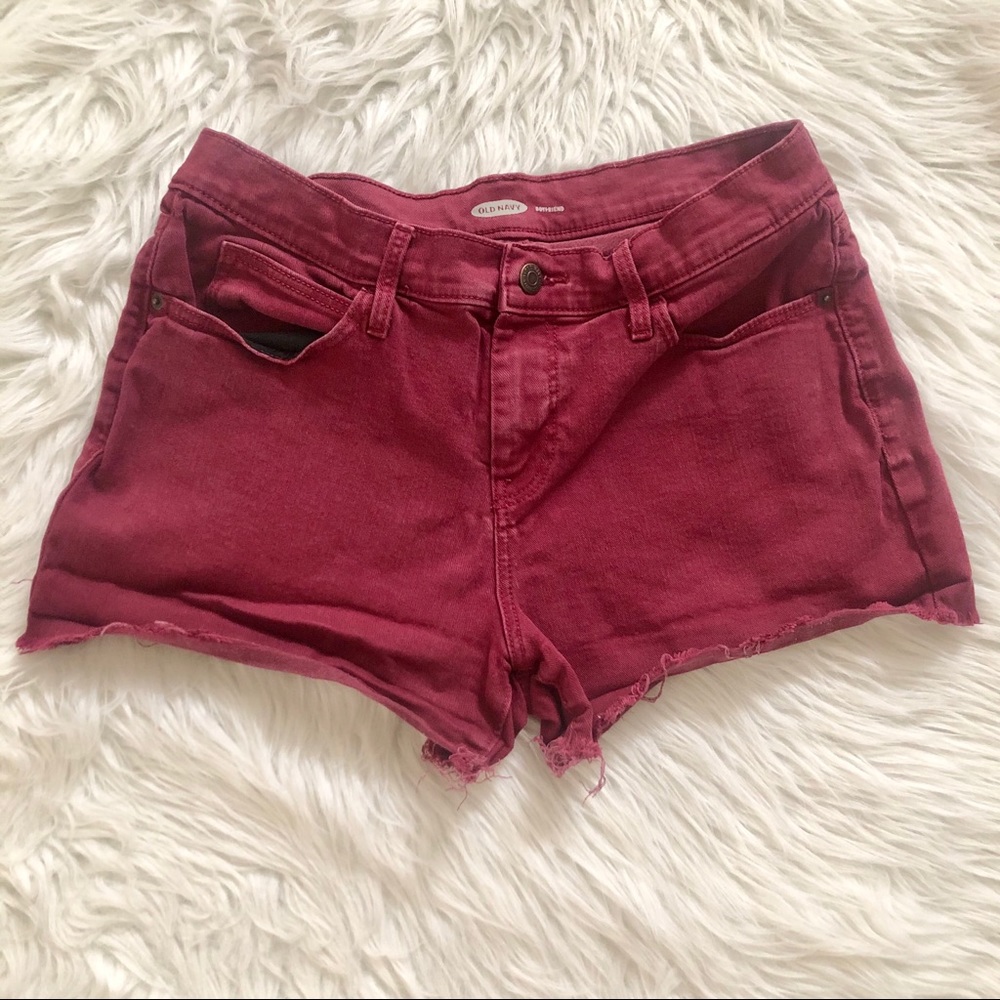 Old Navy distressed maroon jean shorts, 8